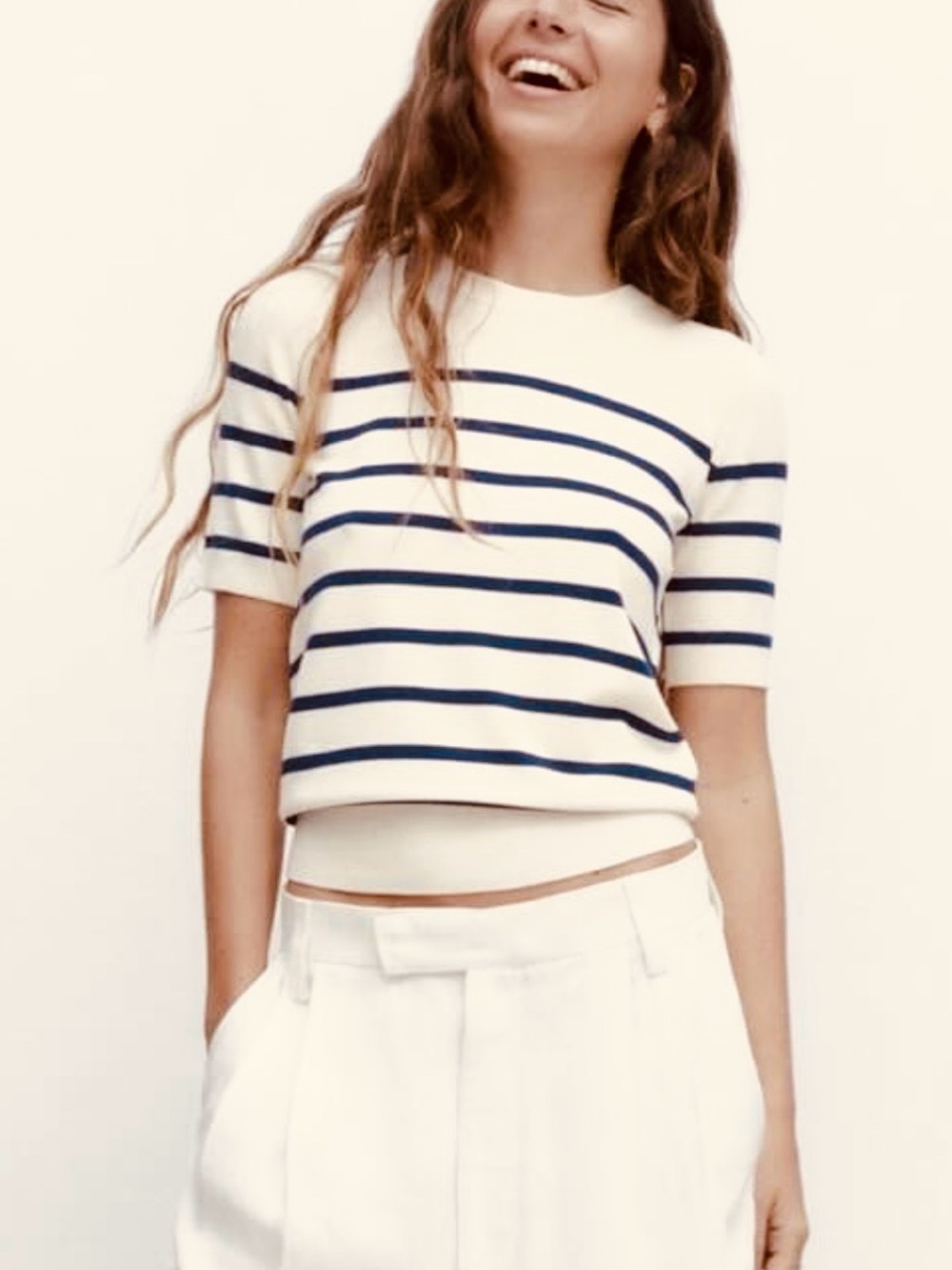 Zara Knit Top Classic Breton Stripe Warm White Navy Short Sleeve L
